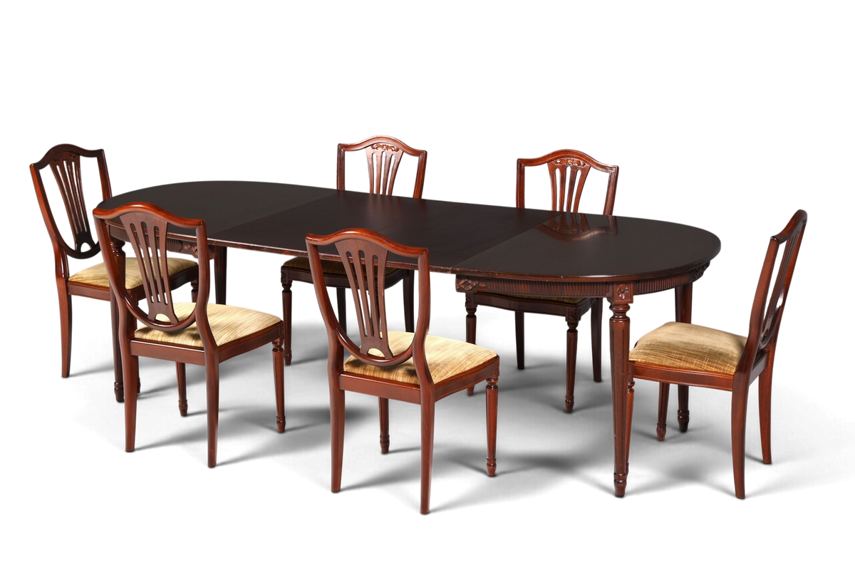 Hauptstadt Möblerei Set aus sechs antiken Esszimmerstühlen im gustavianischen Stil mit Holzmaserung und Polsterung