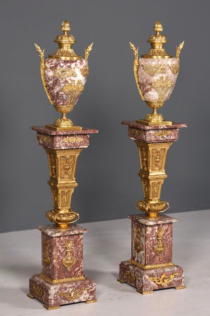 Beautiful Baroque style column with vase, Louis XV marble natural stone flower column, pedestal, shelf
