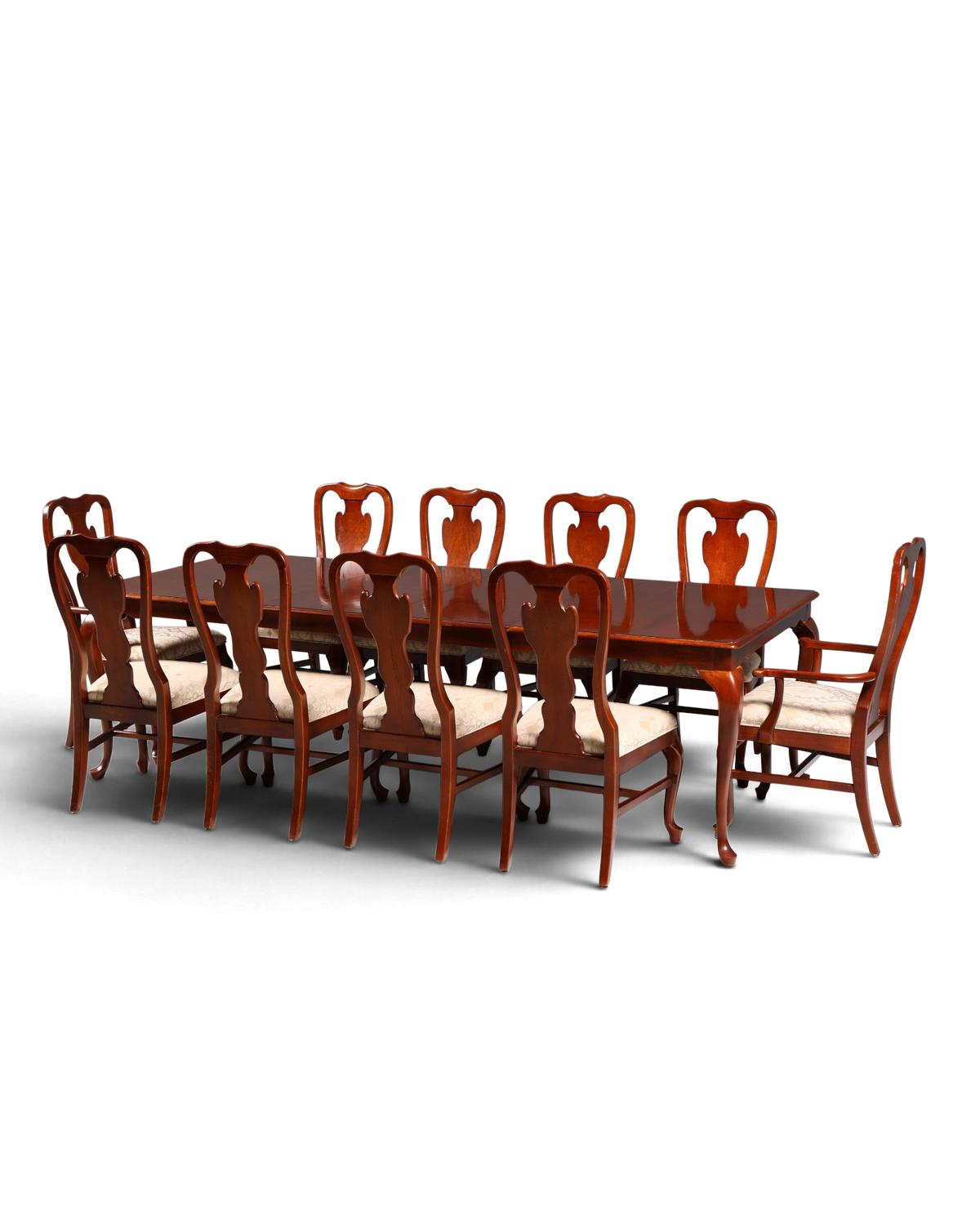 Hauptstadt Möblerei Drexel Heritage Esszimmerstuhl-Set im Chippendale-Stil aus dunklem Holz mit hellem Polster